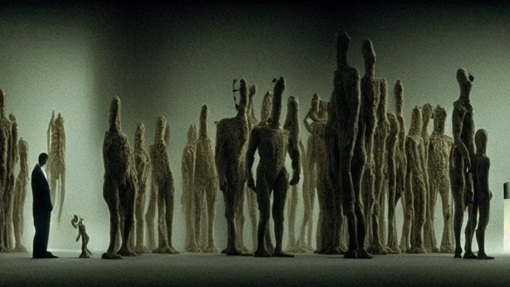 Image similar to the strange creature, made of milk and metal, we wait in line at the bank, film still from the movie directed by denis villeneuve and david cronenberg with art direction by salvador dali and zdzisław beksinski, wide lens