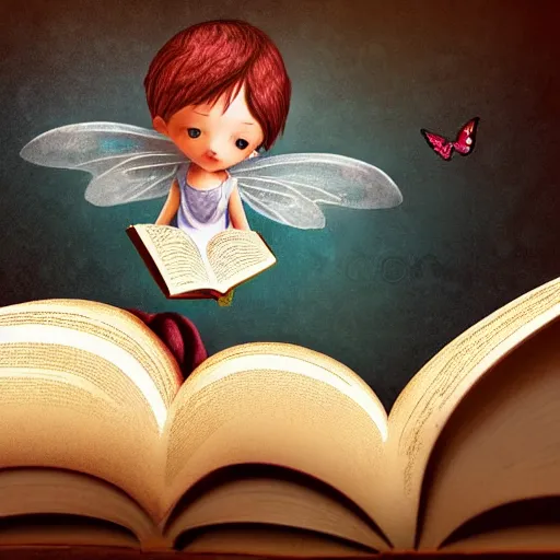 Prompt: you can see a big old open book in close - up. above the book floats a small sweet fairy, digital painting, fantasy art, ultra realistic, 4 k