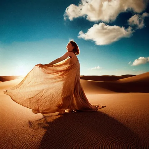 Image similar to filmstill photography of female body sulhouette covered with curly white translucent blanket blowing in wind, acrylic liquid colors, luxurious supermodel photoshooting, golden jewelry, bokeh, godrays, strong wind, wrinkles, sunrays, sunset, lens flares, monet, painting by renoir, cold colors, sand dunes