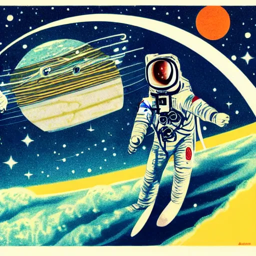 Prompt: astronaut surfing in space, stars as waves, Vintage Magazine Illustration