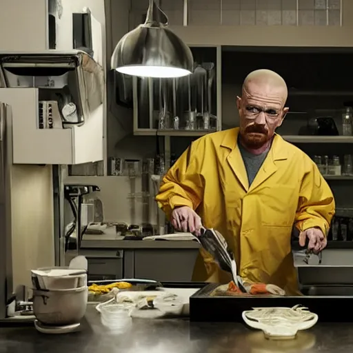 Prompt: Walter white in his lab with Jesse Pinkman Cooking Noodles , 8k UHD photography , perfect faces , award winning , Breaking bad aesthetic