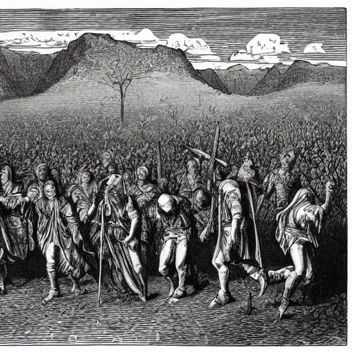 Image similar to woodblock print of the sons of cain wandering antediluvian fields with their beastly herds, genesis, by gustave dore