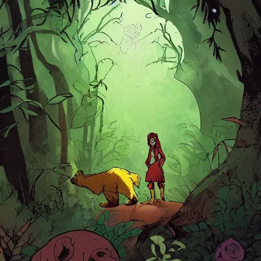 Prompt: character design of a young, beautiful earth witch in wooded forest : : 1, with bear companion, mike mignola style, comics, beautiful composition, wide angle, colorful, cinematic, volumetric lighting, intricate details