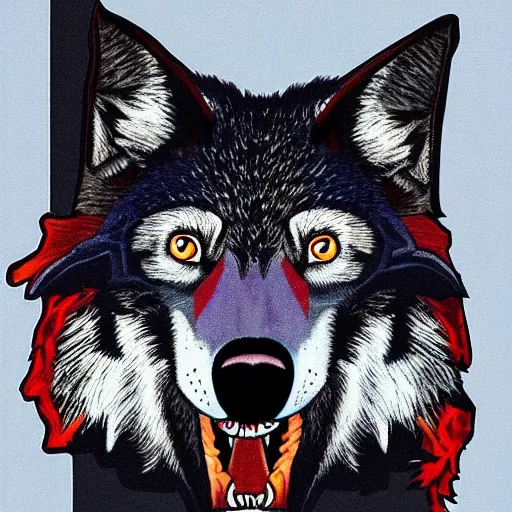 Image similar to portrait of retarded wolf, eyes in different directions, vivid colors, propaganda style, it looks sick, very ugly face, missing teeth