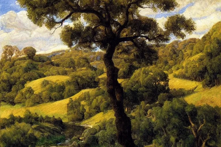 Image similar to masterpiece painting of oak trees on a hillside overlooking a creek, dramatic lighting, by annie swynnerton