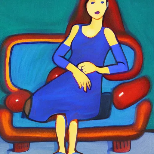 Prompt: slim australian woman with short attention span sitting on blue sofa. fantasy art.