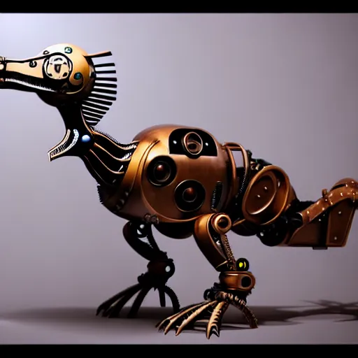 Image similar to steampunk robot velociraptor, photorealistic 3 d octane render, unreal engine