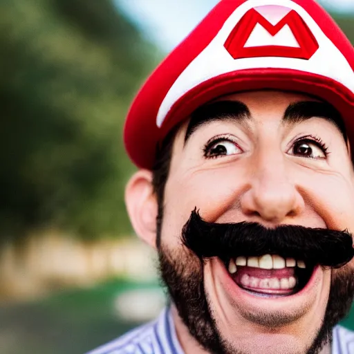 Image similar to photo of real life mario finding a giant mushroom, exhilarated, portrait, closeup. mouth open, 30mm, bokeh