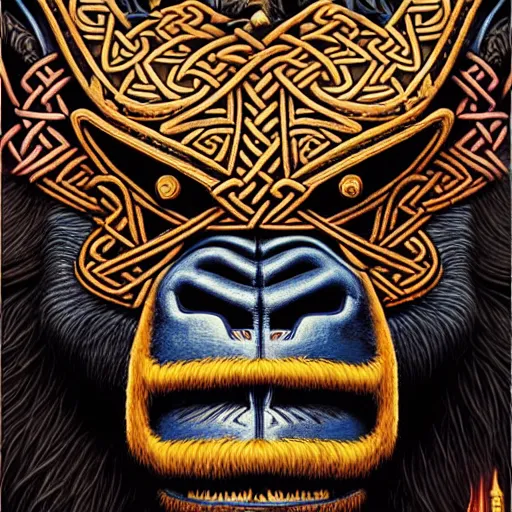 Image similar to close up view, barong family member, viking warrior, viking beard, reindeer horns, runic inscription, king kong, gorilla, wiwek, mara demon, one single tribe member, jungle, one single mask, dark, ancient warrior, tribal, inner glow, art by dan mumford and justin gerard and bob pepper