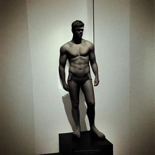 Image similar to “a realistic detailed photo of a guy who is an attractive humanoid who is half robot and half humanoid, who is a male android, actor Liam Hemsworth, shiny skin, posing like a statue, blank stare, at the museum, on display”