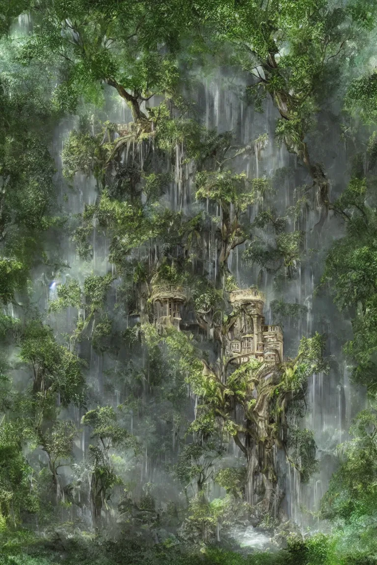 Image similar to a victorian mansion carved into a huge tree beside a waterfall in a dense jungle, concept art