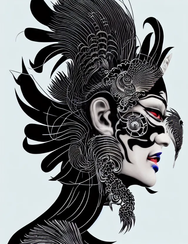 Image similar to 3 d goddess close - up profile portrait punk with mohawk with ram skull. beautiful intricately detailed japanese crow kitsune mask and clasical japanese kimono. betta fish, jellyfish phoenix, bio luminescent, plasma, ice, water, wind, creature, artwork by tooth wu and wlop and beeple and greg rutkowski