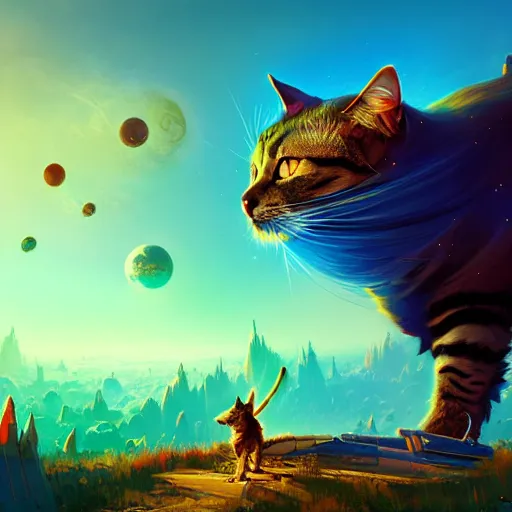 Image similar to gigantic cyborg cat crashes into gothic world planet, fantastic landscape, bright colors, hyperrealism, 4 k resolution, ultra detailed, style of anton fadeev, ivan shishkin, john berkey