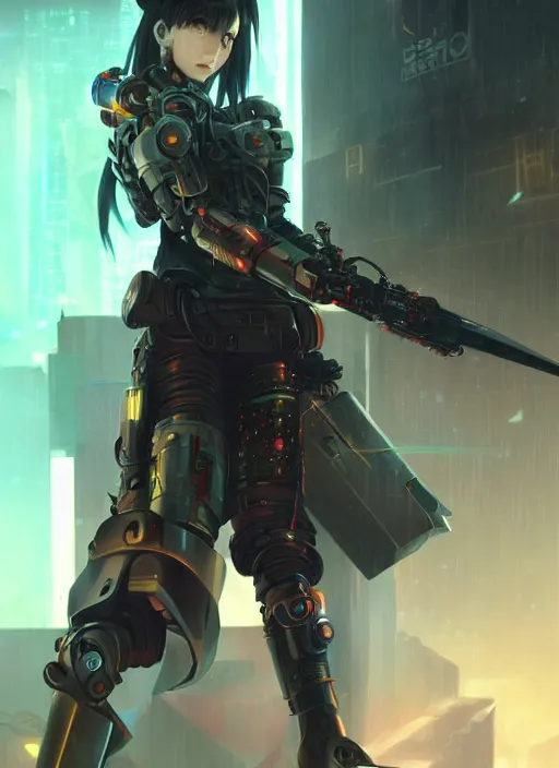 Image similar to cool cyberpunk cyborg samurai girl, battle pose, laser guns, extremely beautiful, detailed portrait, intricate light complexity, concept art by krenz cushart, kyoto animation, wlop. 4 k, beautiful, cinematic dramatic atmosphere, sharp focus, perfect lightning