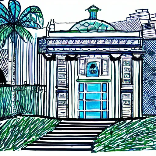 Prompt: 7 0 s magic marker architectural drawing for a private luxury home in los angeles, blue, green, black and white pen, marker wash, bond paper, professional, illustration, modern