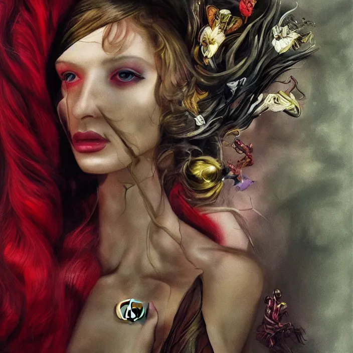 Image similar to gorgeous gucci goddess, future fashion, stylish deity, model, volumetric, concept art, gucci, digital painting, beautiful, slick, hd, 1 3 5 mm, by annie leibovitz, by giger