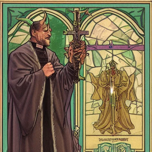 Prompt: an extremely detailed tarot card of a horned demon cleric dressed in a catholic priest's cassock, preaching in a fantasy city, tiefling from d & d carrying a large wooden cross, fantasy, fantasy tavern background, 4 k, artstation, detailed, realistic, by alphonse mucha and greg rutkowski