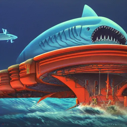 Prompt: side view a beautiful painting of a shark palace by Angus Mckie, Trending on artstation future space