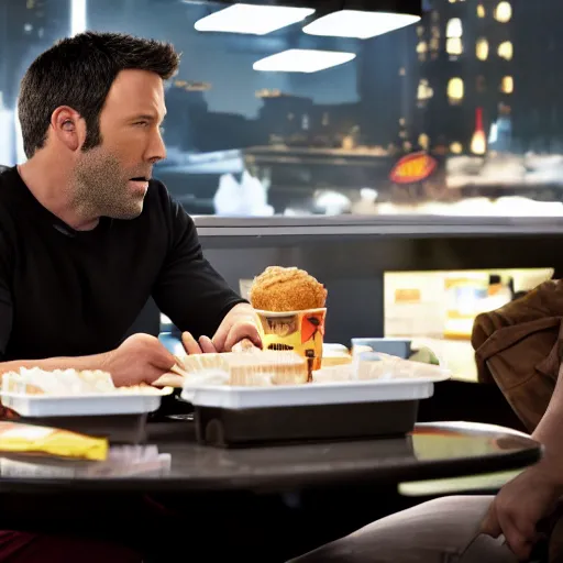 Image similar to A photo of Ben Affleck's Batman eating at KFC. Extremely detailed. Beautiful. 4K. Award-winning