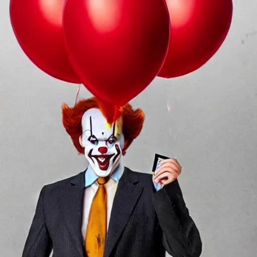 Prompt: Pennywise the clown wearing a suit and holding a banknote in his hands, full body shot, highly-detailed