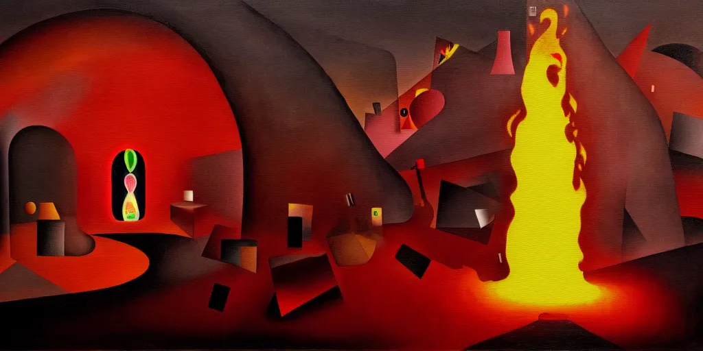 Image similar to trapped on a hedonic treadmill, dark uncanny surreal painting by ronny khalil, and kandinsky, dramatic lighting from fire glow, mouth of hell, ixions wheel