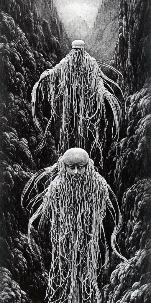 Prompt: A detailed jellyfish god stands among the mountains. Wearing a ripped mantle, robe. Perfect face, colossal scale, extremely high details, realistic, fantasy art, solo, masterpiece, art by Zdzisław Beksiński, Arthur Rackham, Dariusz Zawadzki