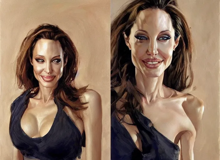 Prompt: a highly detailed beautiful portrait of angeline jolie, with abs, smiling, by gregory manchess, james gurney, james jean