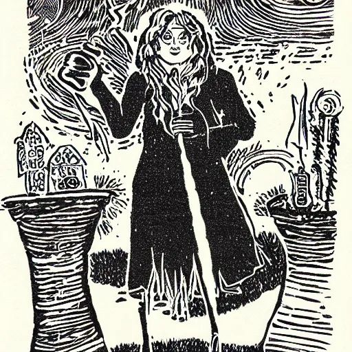 Image similar to a risograph of a witch from the 80s