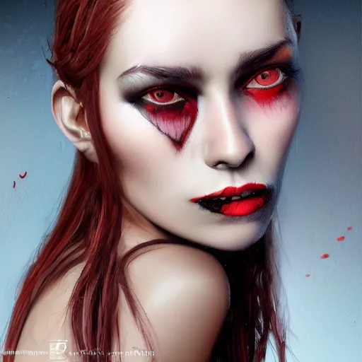 Prompt: a realistic head and shoulder professional portrait of a female vampire, painted, interesting color use, vampire fashion, highly detailed, melancholy, trending on cgsociety