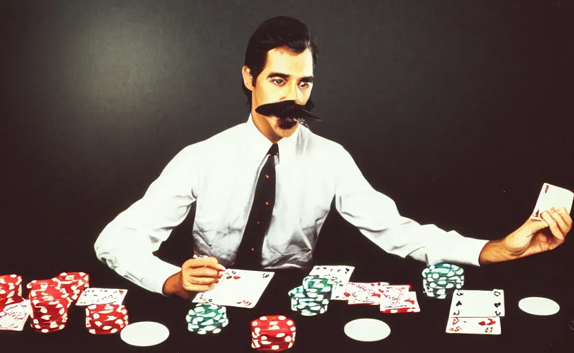 Image similar to color photo of a photomodel handsome man in mustache playing poker. las vegas. 8 0's style