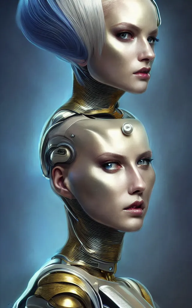 Image similar to futuristic woman android portrait, sci-fi female, striking azure eyes, face, short platinum hair tomboy, cyberpunk femme fatale, intricate, elegant lady with alabaster skin, highly detailed gold filigree, digital painting, artstation, concept art, smooth, sharp focus, illustration, studio photo by artgerm and greg rutkowski and alphonse mucha:3, overexposed, dark, gray, monochrome:-2