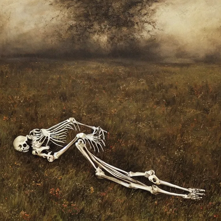 Image similar to dark, beautiful atmospheric painting of decaying skeleton and bones. in a meadow