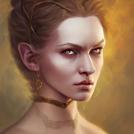 Image similar to a detailed matte head - on portrait painting of an middle - aged half - tiefling noblewoman with golden eyes and short well kept hair, by charlie bowater, lise deharme, wlop, tending on arstation, dungeons and dragon, dnd, pathfinder, fanart, oil on canvas