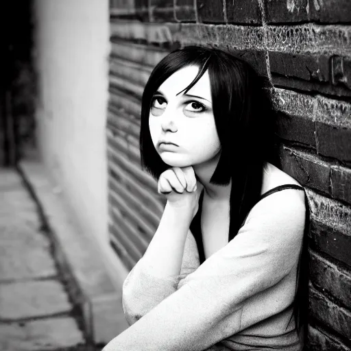 Image similar to a photograph of an emo goth girl sitting on a brick wall on a hot day, 2006, black hair, English, depth of field