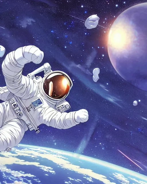 Prompt: astronaut floating in space, art by makoto shinkai and alan bean, yukito kishiro