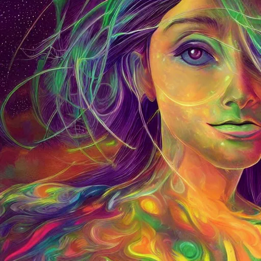 Prompt: beautiful detailed artistic portrait of a person travelling between different astral planes. grainy and rough. artistic painting by lurid ( 2 0 2 2 ). featured on deviantart.