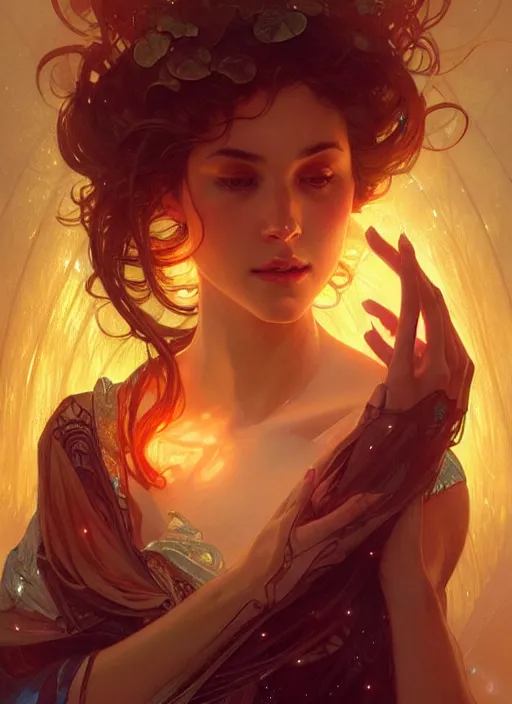 Image similar to water, glowing lights!! intricate elegant, highly detailed, digital painting, artstation, concept art, smooth, sharp focus, illustration, art by ( ( ( artgerm ) ) ) and greg rutkowski! and ( ( alphonse mucha ) )