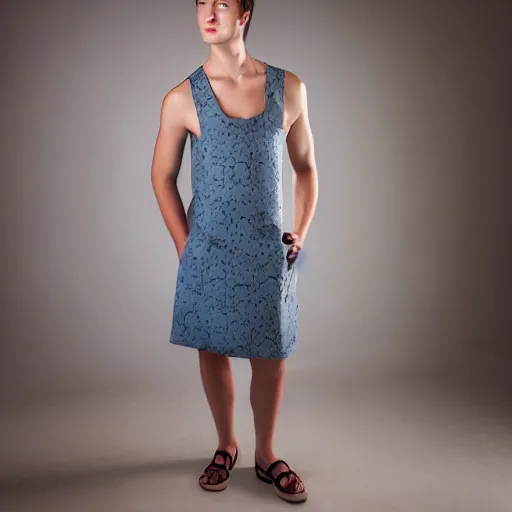 Prompt: A very pretty young male model posing in a summer dress. Studio lighting