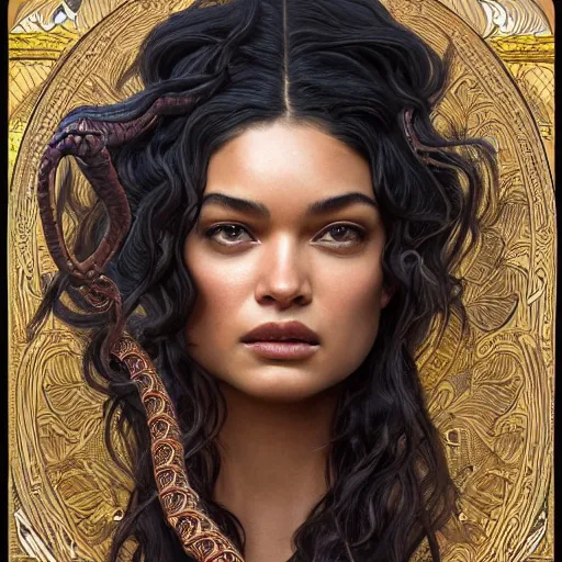 Image similar to Shanina Shaik as Medusa, frowning, scowl, snakes for hair, intricate, elegant, highly detailed, digital painting, artstation, concept art, smooth, sharp focus, illustration, art by artgerm and greg rutkowski and alphonse mucha and Chris Achilleos