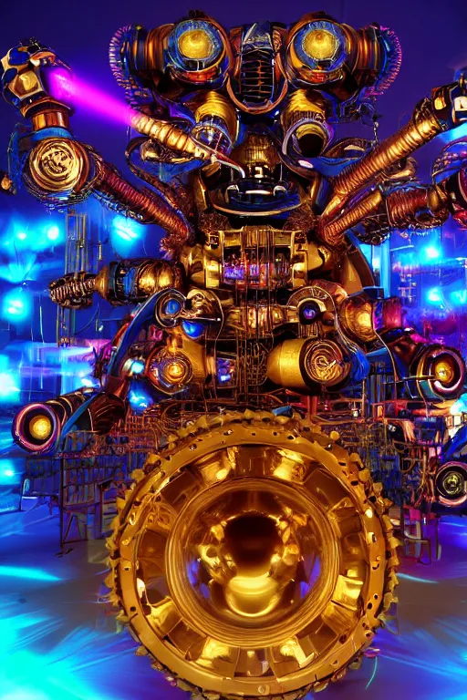 Image similar to portrait photo of a giant huge golden and blue metal futuristic steampunk robot covered with multicolored big gears and tubes, a huge steampunk drumset, eyes are glowing red lightbulbs, shiny crisp finish, 3 d render, animusic, 8 k, insaneley detailed, fluorescent colors, background is multicolored lasershow