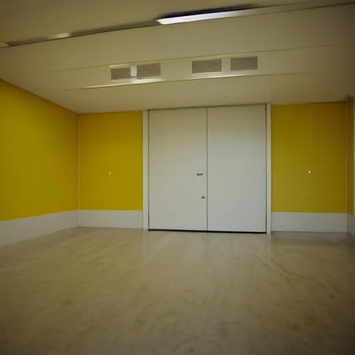 Prompt: empty yellow rooms with yellow fluorescent lights, monotonous wallpaper