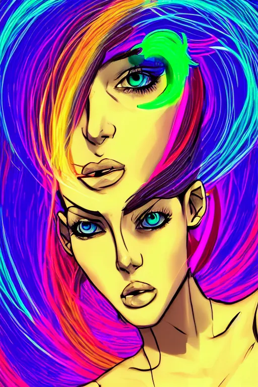 Prompt: a award winning portrait of a beautiful woman with stunning eyes in a one off shoulder croptop and cargo pants with rainbow colored hair, outlined by whirling illuminated neon lines and fine lines swirling in circles by ossdraws, digital art, trending on artstation