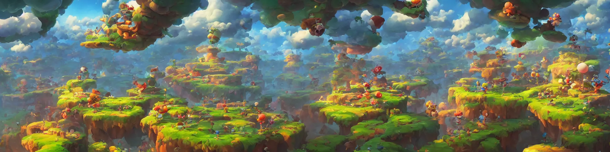 Image similar to 3 6 0 panoramic dynamics matte painting acrylic blur oil wonderland marioworld yoshi kurbi dofus, hight contrast, overlay layer photoshop, behance hd by jesper ejsing, by rhads, makoto shinkai and lois van baarle, ilya kuvshinov, rossdraws global illumination