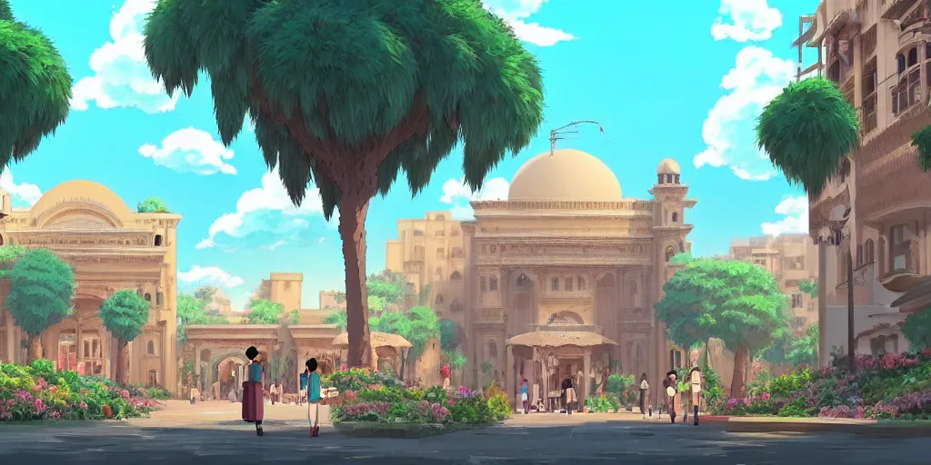 Image similar to a beautiful movie still in the style of studio ghibli anime with a landscape of the khedival opera house in talaat harb square cairo with lush landscaping, date palm trees, shrubs and flowers. trending on artstation