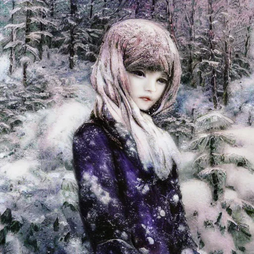 Prompt: girl in a snowy landscape, digital art, by Yoshitaka Amano, oil on canvas