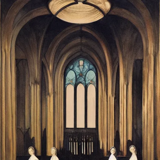 Prompt: procession of women in a gothic temple, dripping watercolor by gottfried helnwein, by hammershøi, highly detailed, art nouveau wallpaper, lights by edward hopper, liminal, eerie, pastel colors, limited palette