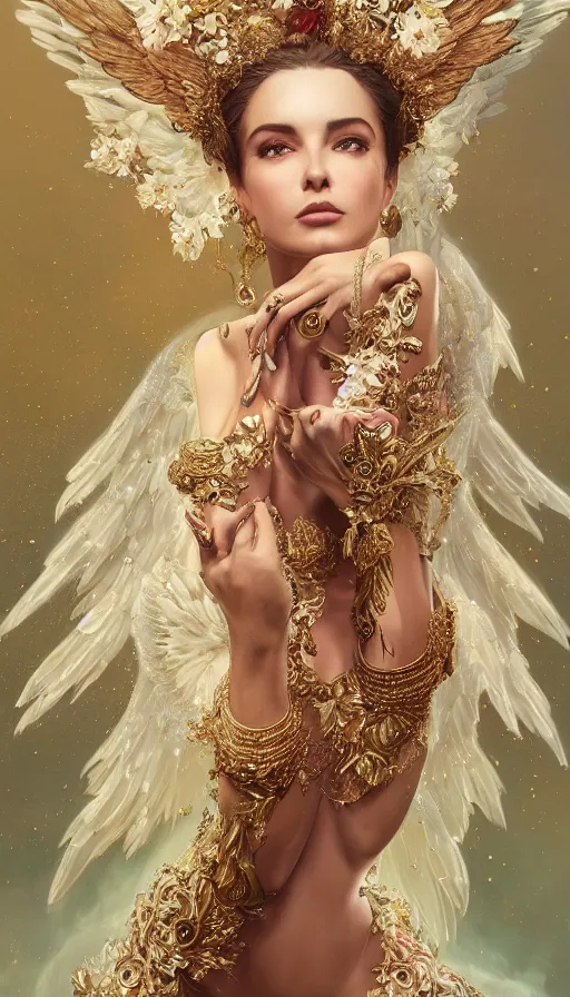 Image similar to expressive full body photo of sophia lauren as beautiful angel, smooth glowing skin, ornate headpiece made from flowers, ornaments, glamour shot, by karol bak, by greg rutkowski, by artgerm, octane render, unreal engine, photorealistic, canon r 3, fashion photography