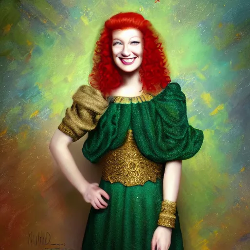 Image similar to Intricate painting of a beautiful young woman in front of a fabric background with red hair and a dark green dress, smiling by Mary Dimary and Craig Mullins, Fabric texture, gold details, gemstones, Golden thread, emeralds, intricate details, intricate patterns 4k, 8k, HDR