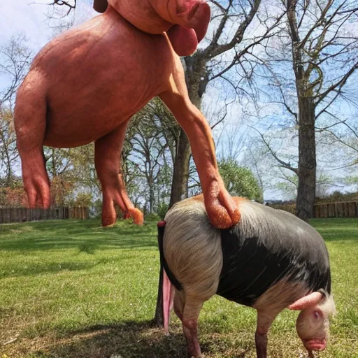 Image similar to ckicken standing on top of a pig