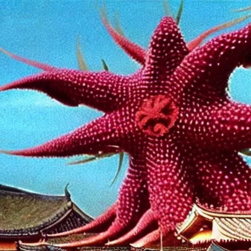 Image similar to a goryeo budhist icon of ONE giant Kaiju Starfish Monster over a traditional village, minimal cinematography by Akira Kurosawa, hyperrealistic movie filmstill, single subject, monster over city, dramatic minimal composition